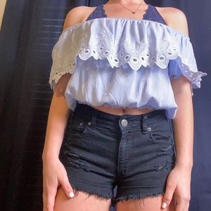 Blue off the shoulder crop top!